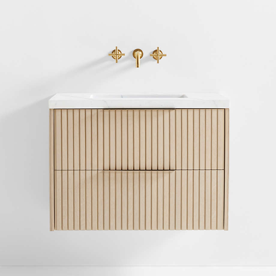 White Marble Top and Oak Wood Single Sink Floating Vanity